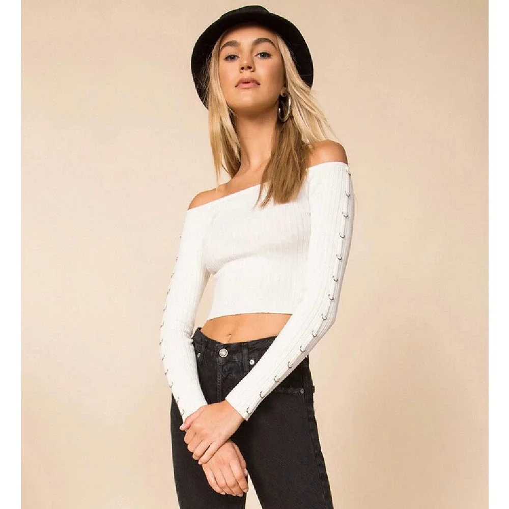 REVOLVE Superdown Tamina Off The Shoulder Top Metal Ring Sleeve Rib Knit Blouse